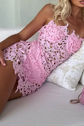 Hollow Out Jacquard Pattern Strapless See Through Mini Dresses - Pink Pre Order